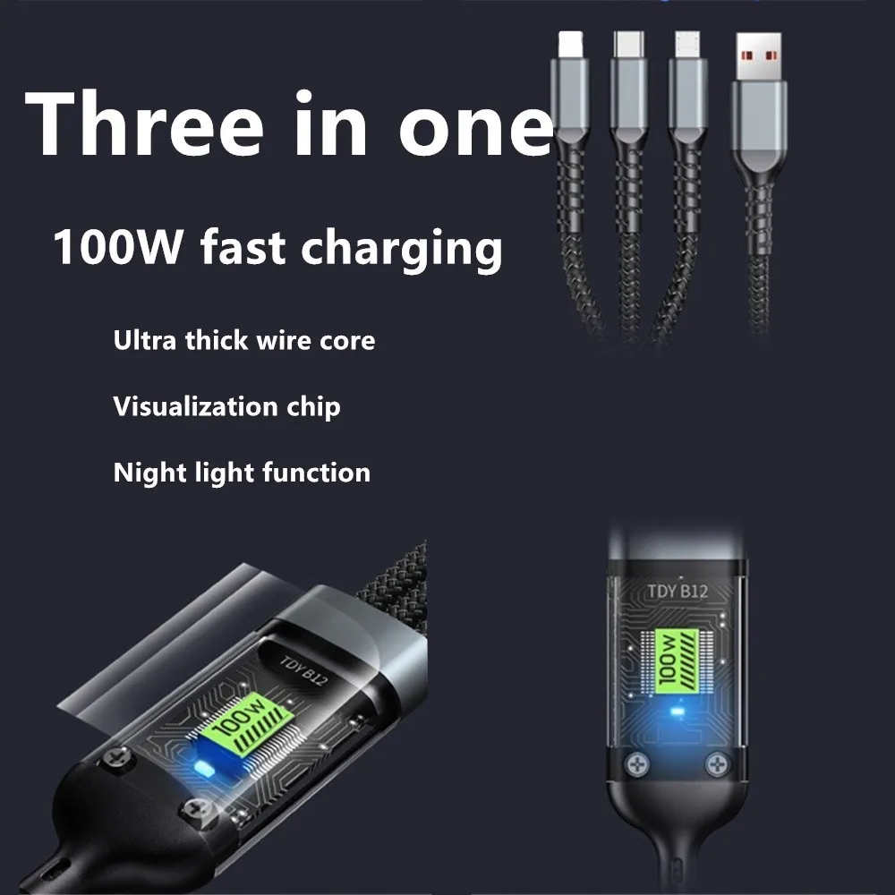 Ảnh Cáp sạc siêu tốc 100W 3 trong 1 6A Micro USB Type C Cáp dữ liệu cáp Type-C 2