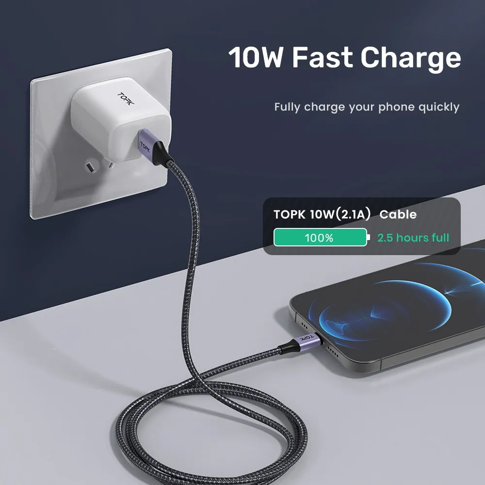 Ảnh Cáp Sạc TOPK AN10 3A QC3.0 1M Micro USB Type C Chất Lượng Cao Cho iPhone 2