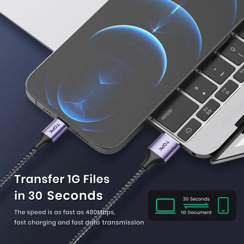Ảnh Cáp Sạc TOPK AN10 3A QC3.0 1M Micro USB Type C Chất Lượng Cao Cho iPhone 3