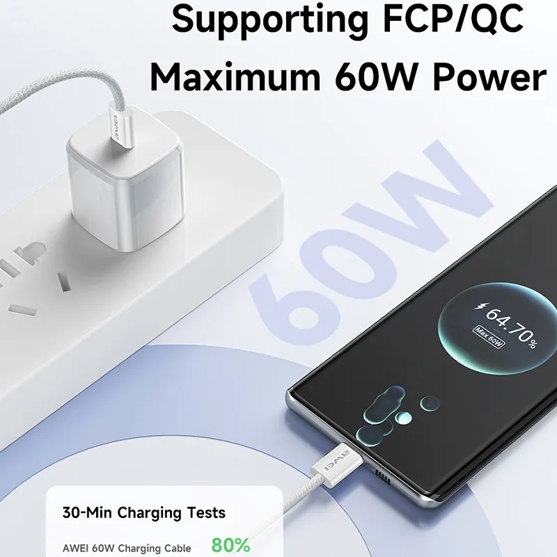 Ảnh Cáp sạc type c Awei sạc nhanh 60W C to C Dây bện nylon 1M An Toàn Ổn Định cho điện thoại 2