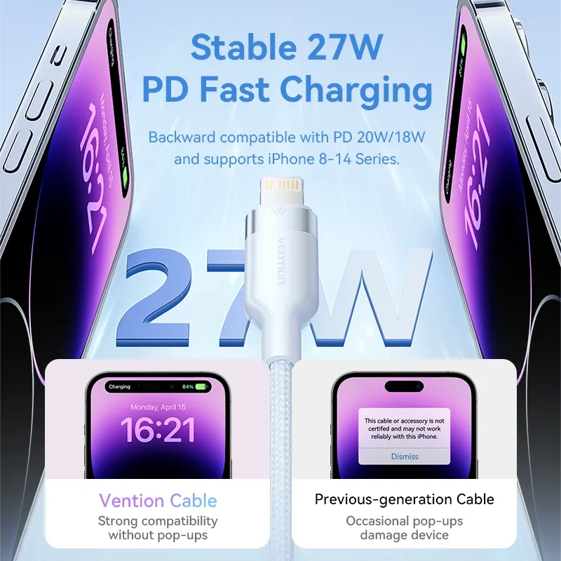 Ảnh Cáp Vention USB C Cho iPhone 14 13 12 11 Pro Max Xs 8 Plus iPad Macbook Dây 27W PD Sạc Nhanh Loại C Để Chiếu Sáng Dây Dữ Liệu 3
