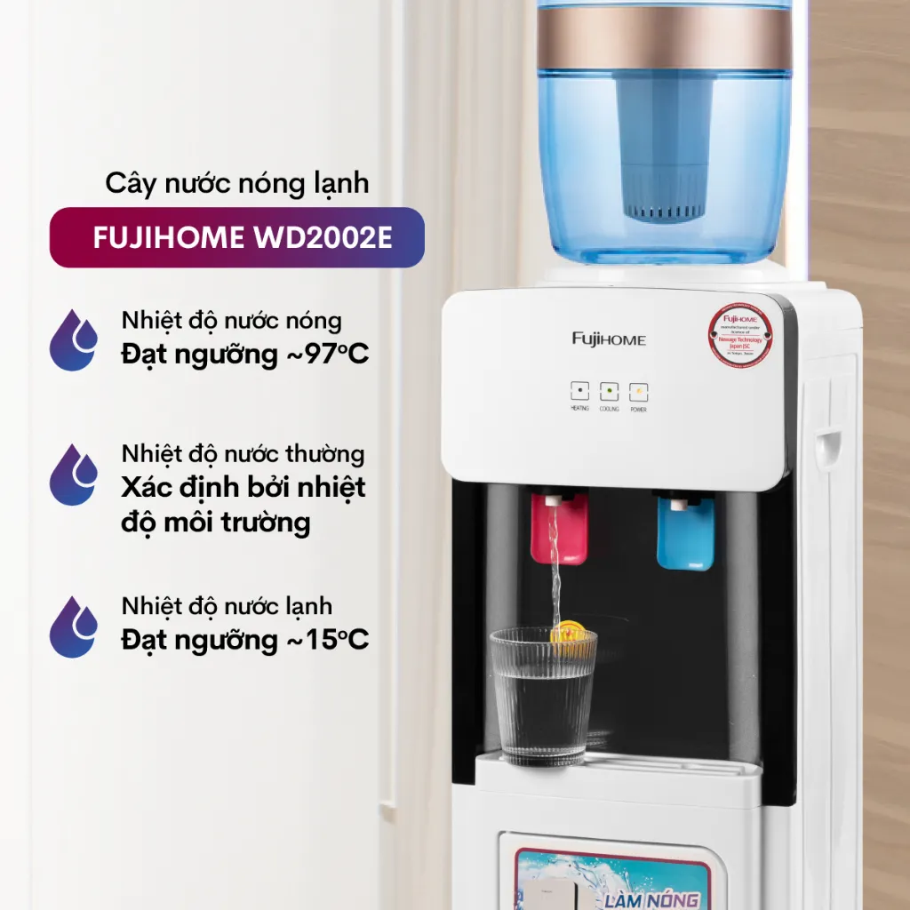 Ảnh Cây nước nóng lạnh FUJIHOME WD2002E làm lạnh điện tử, có ngăn để cốc chén, tiết kiệm điện năng 2