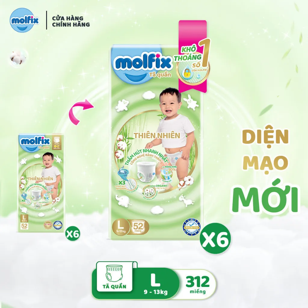 Ảnh [CB3 Mega] Combo 6 Tã/bỉm quần Molfix Thiên nhiên Super Jumbo M336/L312/XL276/XXL252 2