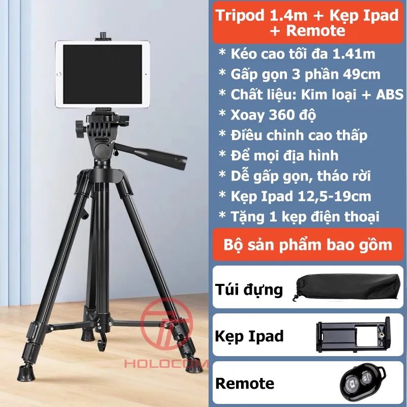 Ảnh Chân Đỡ Ipad Tripod Điện Thoại 360 Độ Kiêm Tripod Máy Ảnh Dùng Để Livestream Chụp Ảnh Quay Video Cao 180cm-HOLOCOM 1