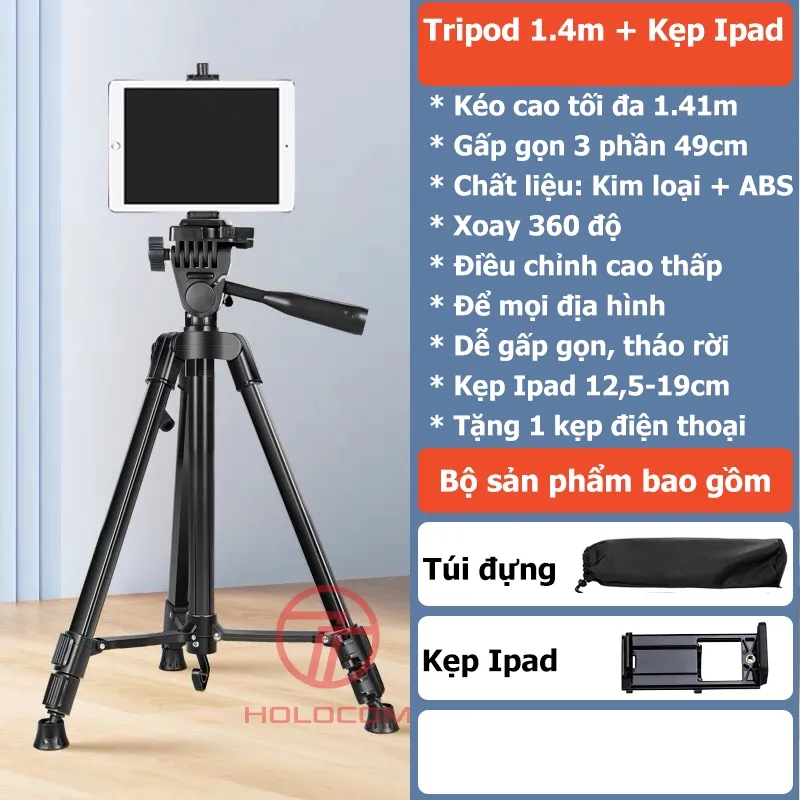 Ảnh Chân Đỡ Ipad Tripod Điện Thoại 360 Độ Kiêm Tripod Máy Ảnh Dùng Để Livestream Chụp Ảnh Quay Video Cao 180cm-HOLOCOM 2