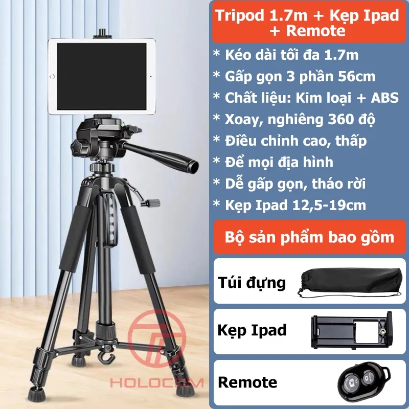 Ảnh Chân Đỡ Ipad Tripod Điện Thoại 360 Độ Kiêm Tripod Máy Ảnh Dùng Để Livestream Chụp Ảnh Quay Video Cao 180cm-HOLOCOM 3