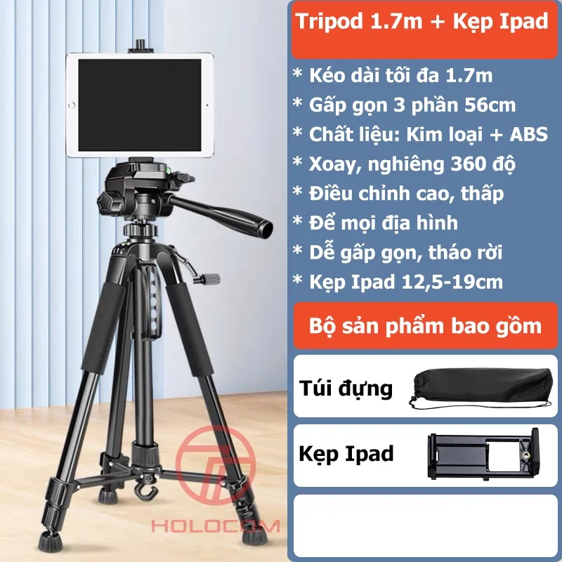 Ảnh Chân Đỡ Ipad Tripod Điện Thoại 360 Độ Kiêm Tripod Máy Ảnh Dùng Để Livestream Chụp Ảnh Quay Video Cao 180cm-HOLOCOM 4