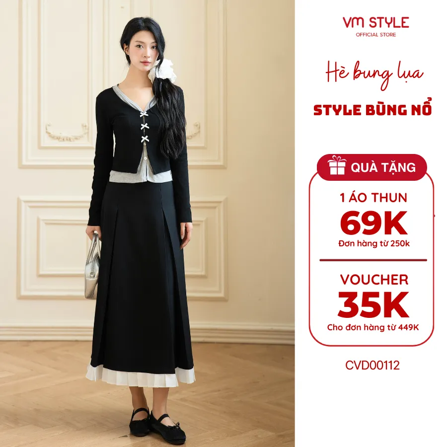 Ảnh Chân váy chữ A dài phối nơ VMSTYLE, chân váy form xòe xếp ly phối lai CVD00112 - DATELINE 1