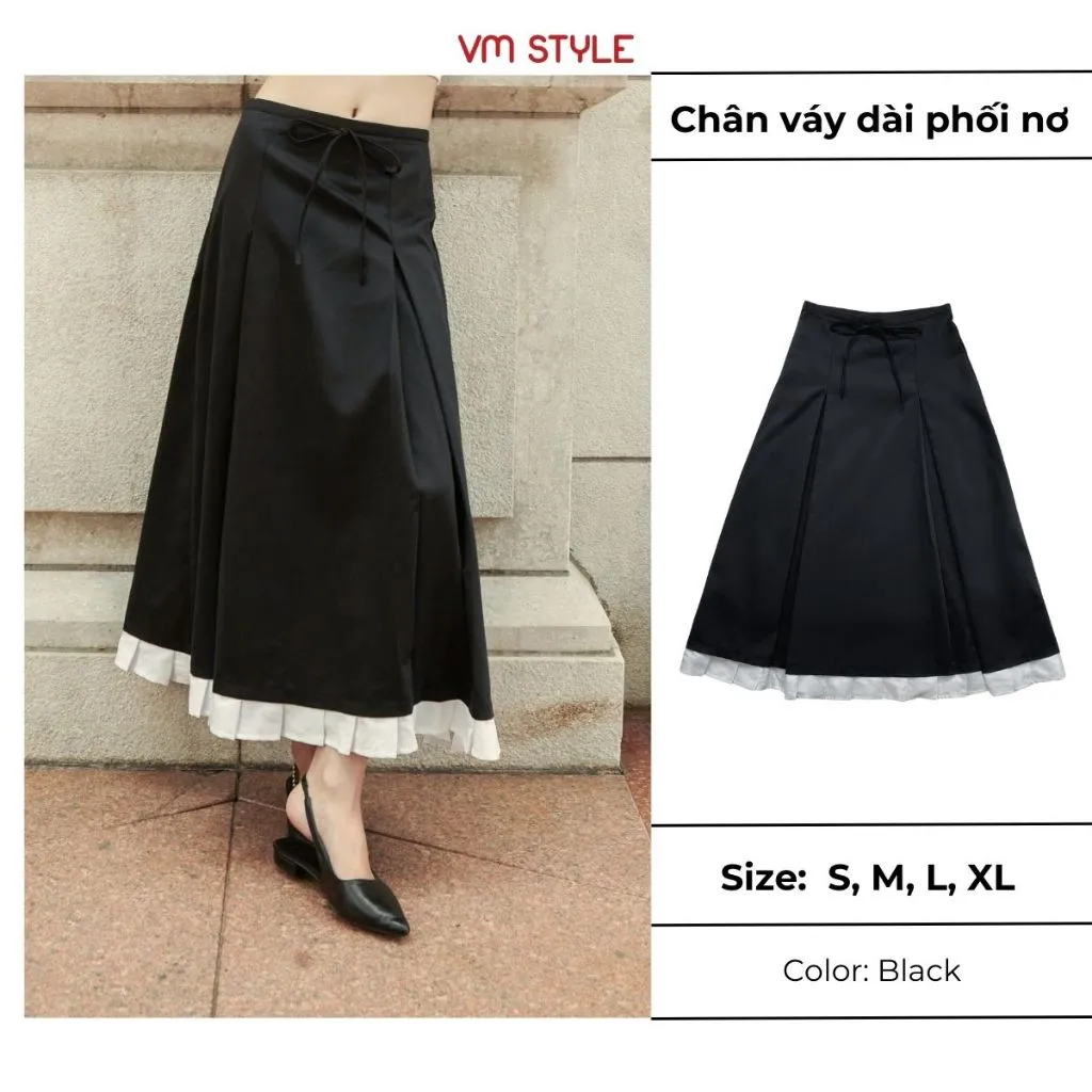 Ảnh Chân váy chữ A dài phối nơ VMSTYLE, chân váy form xòe xếp ly phối lai CVD00112 - DATELINE 2