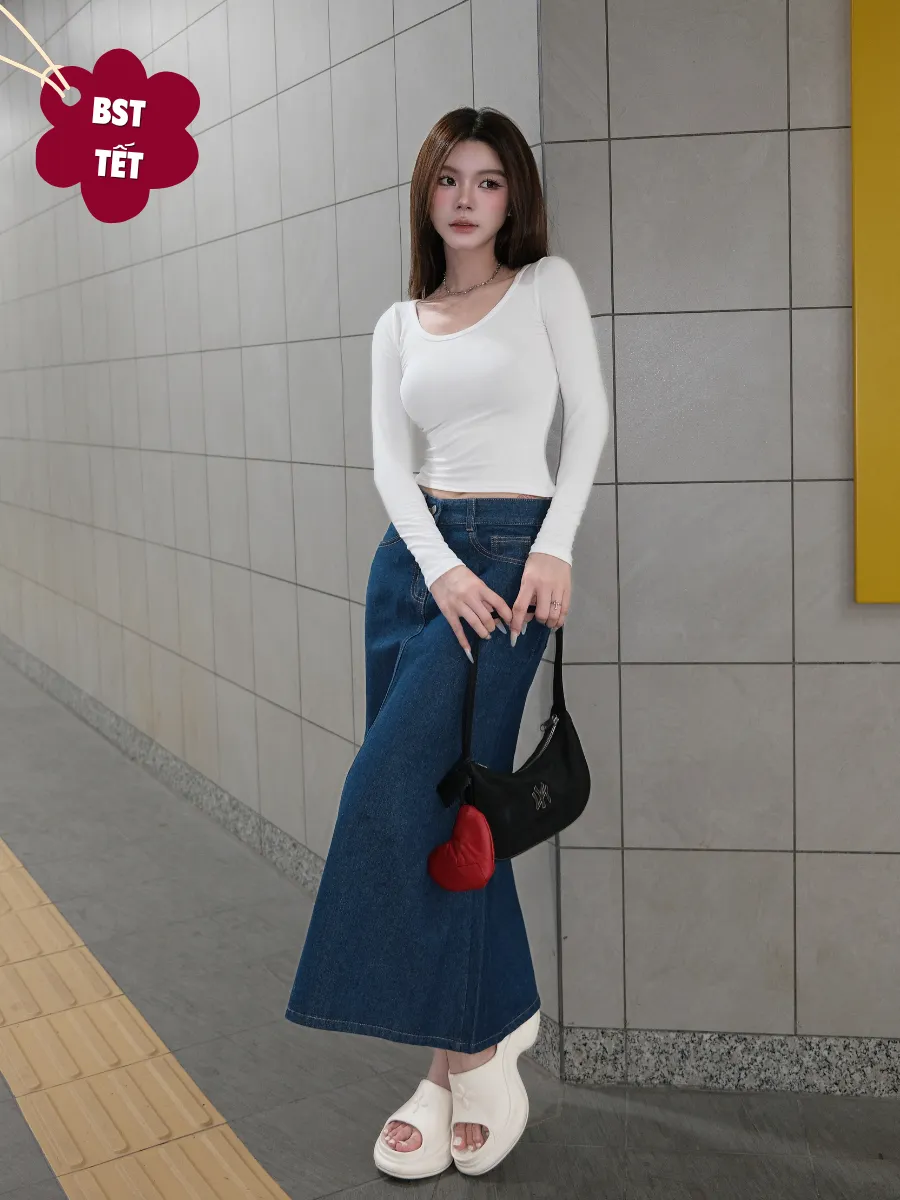 Ảnh Chân váy denim jean bò dáng dài chữ A lưng cao phong cách Hàn Quốc TiQi Jeans V1-255 2