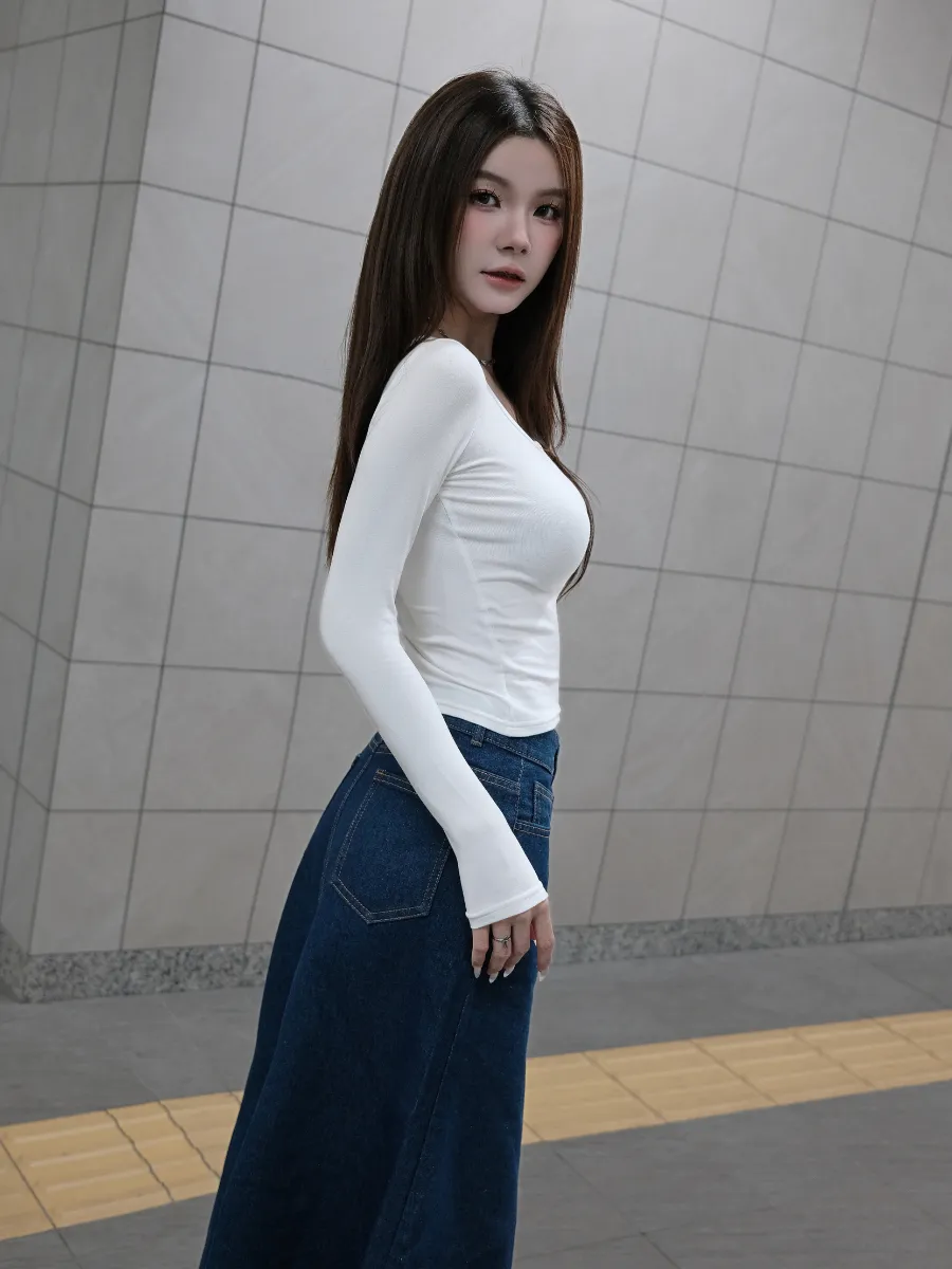 Ảnh Chân váy denim jean bò dáng dài chữ A lưng cao phong cách Hàn Quốc TiQi Jeans V1-255 3