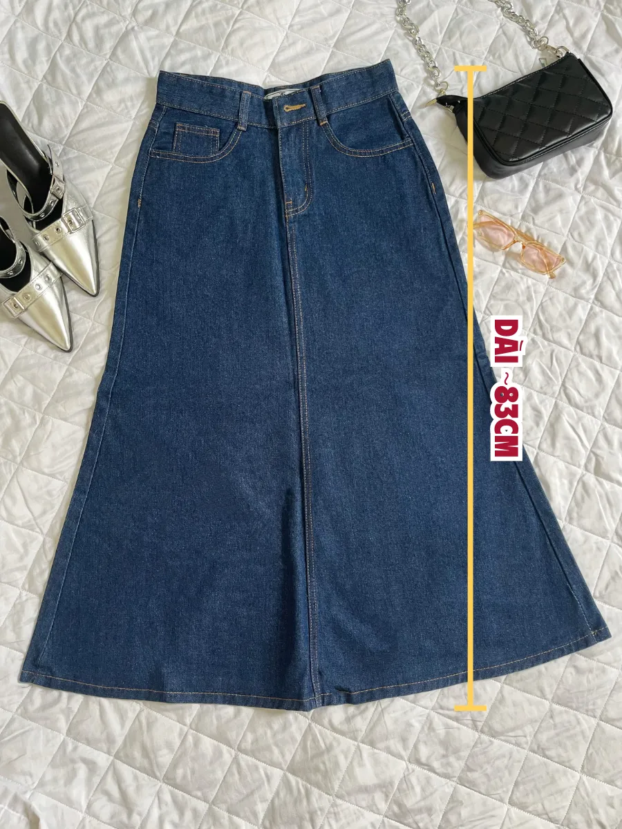 Ảnh Chân váy denim jean bò dáng dài chữ A lưng cao phong cách Hàn Quốc TiQi Jeans V1-255 4