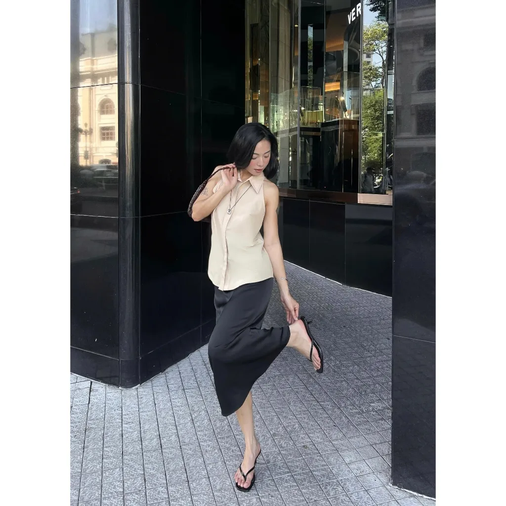 Ảnh Chân váy MIDI cạp cao MONO TALK cạp thường, chất liệu satin lót lụa MFOT25Y-B10003FT 4