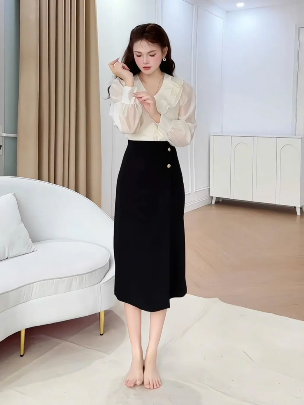 Ảnh Chân váy nữ dáng A lệch tà cách điệu nhiều màu đính cúc đồng trang trí YAME YCV603 2