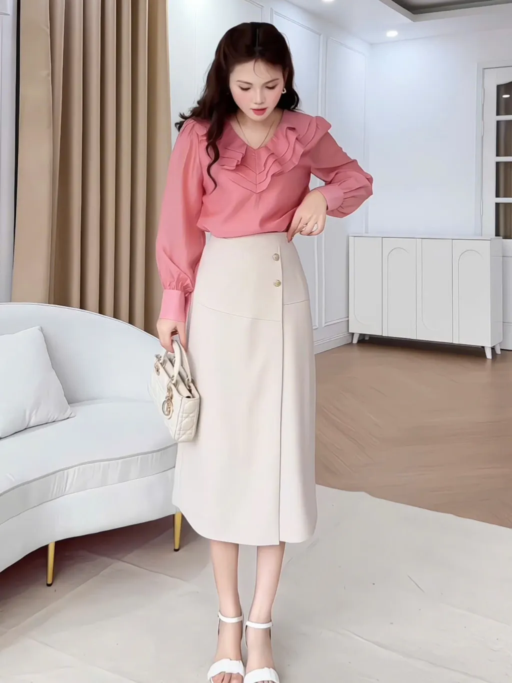 Ảnh Chân váy nữ dáng A lệch tà cách điệu nhiều màu đính cúc đồng trang trí YAME YCV603 3