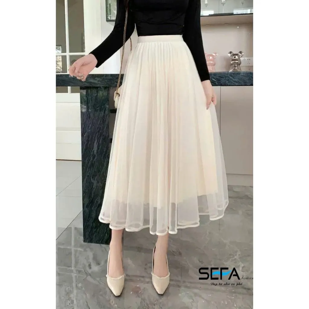 Ảnh Chân Váy SEFA xếp ly Xòe dáng Dài Lưới Bên Ngoài, lót lụa dập ly mềm chất liệu voan cao cấp có thể mặc 2 kiểu 1