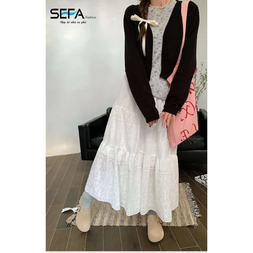 Ảnh Chân Váy SEFA Xòe Tầng Tiểu Thư Dài Màu Trắng Thô Ren Cotton Xốp Mềm Vintage Dành Cho Du Lịch, Đi Chơi, Trẻ Trung 3
