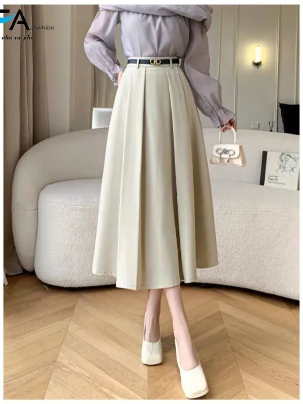 Ảnh Chân váy xoè công sở dáng dài midi xếp ly công sở chất liệu kate xước cao cấp kèm đai 1