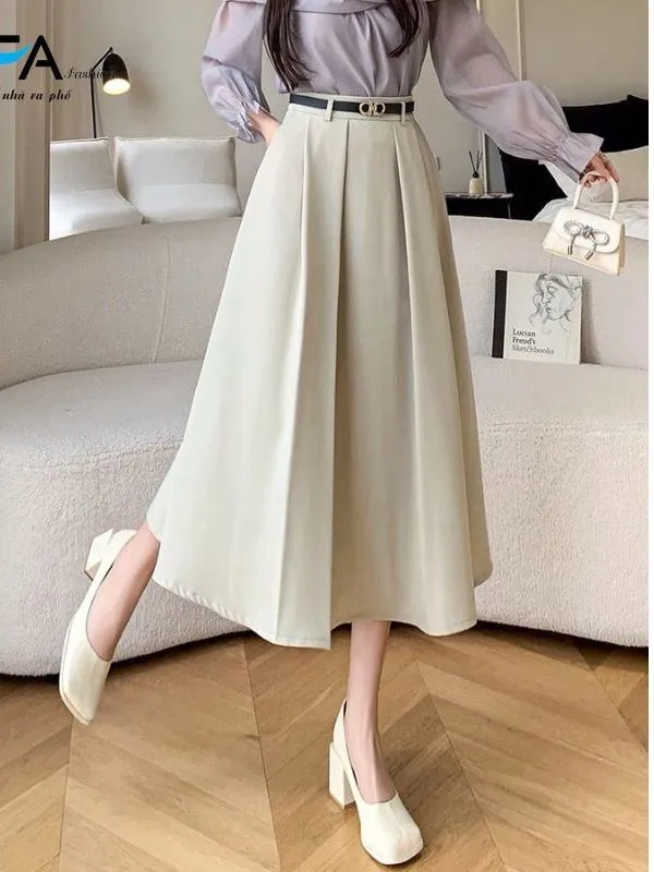 Ảnh Chân váy xoè công sở dáng dài midi xếp ly công sở chất liệu kate xước cao cấp kèm đai 3