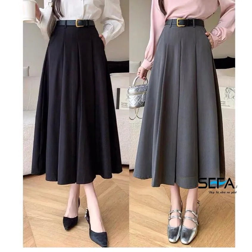 Ảnh Chân váy xoè công sở SEFA dáng A dài midi xếp ly may chiết eo kèm đai chất liệu kate xước cao cấp 1