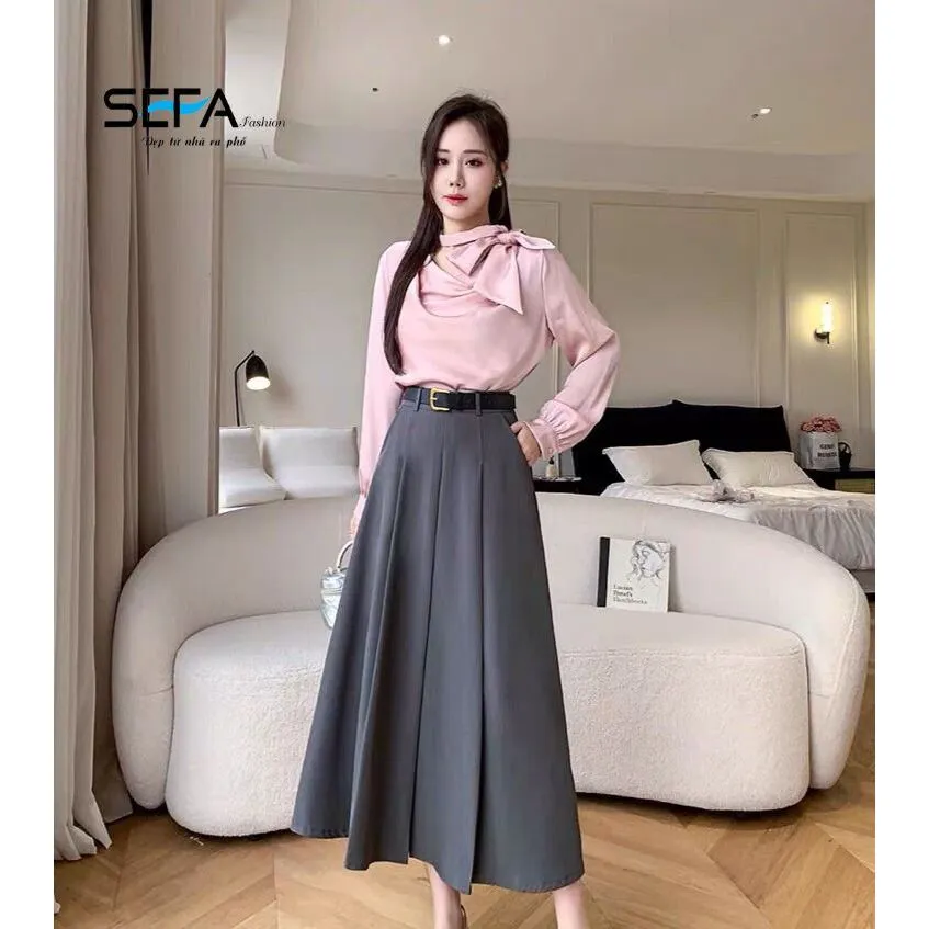 Ảnh Chân váy xoè công sở SEFA dáng A dài midi xếp ly may chiết eo kèm đai chất liệu kate xước cao cấp 2