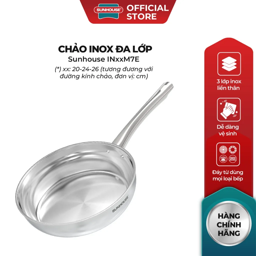 Ảnh Chảo inox 304 đa lớp Sunhouse IN20-24-26M7E - 3 lớp inox liền khối - Dùng mọi loại bếp 2