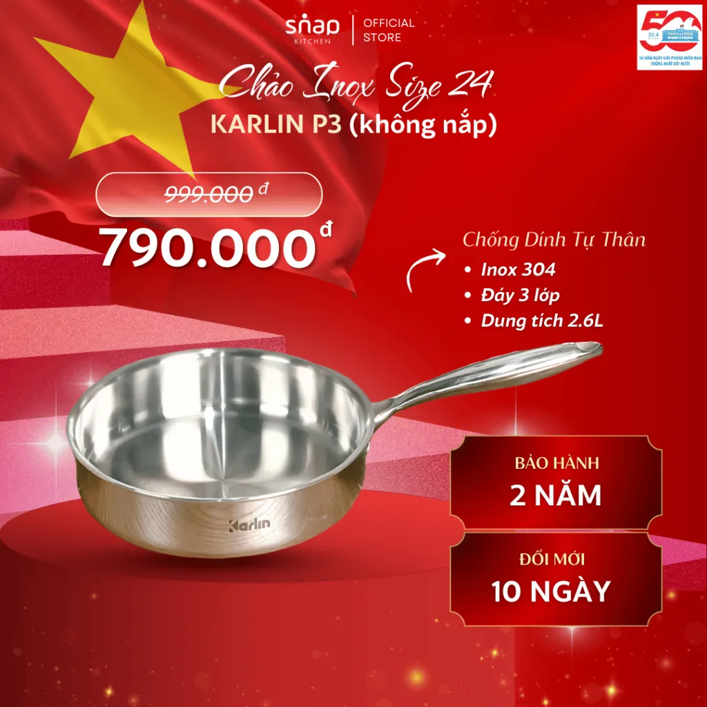 Ảnh Chảo Inox 304 Karlin P3 Đáy 3 Lớp Size 24cm Chống Dính Tự Thân Thương Hiệu Đức Snap Kitchen 1