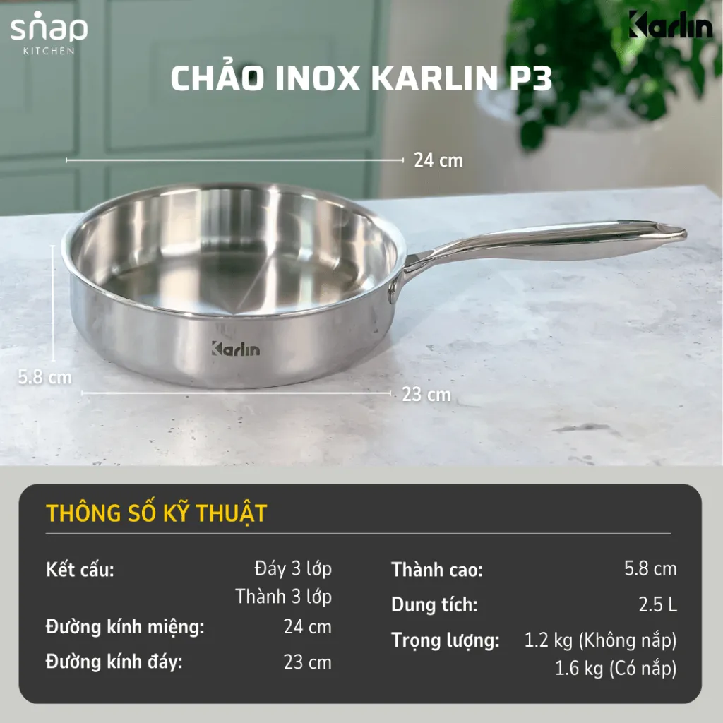 Ảnh Chảo Inox 304 Karlin P3 Đáy 3 Lớp Size 24cm Chống Dính Tự Thân Thương Hiệu Đức Snap Kitchen 2