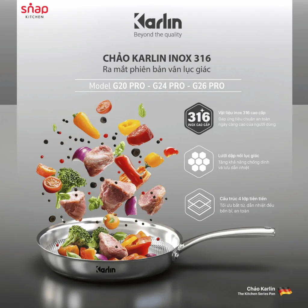 Ảnh Chảo Inox 316 Vân Lục Giác_Karlin G20-24-26 PRO_Đáy 4 Lớp_Chống Dính Tự Thân_Thương Hiệu Đức 2