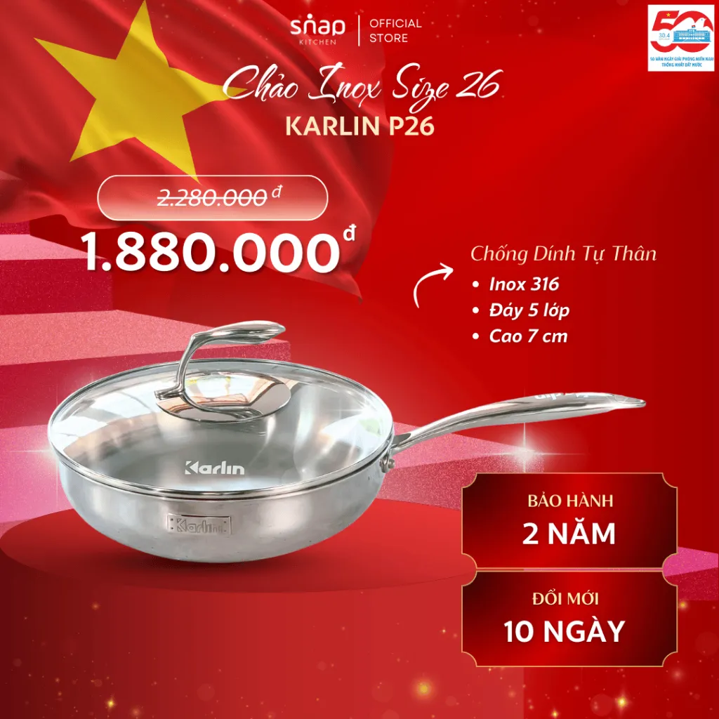 Ảnh Chảo Inox KARLIN P26 Đáy 5 Lớp Inox 316_Chống Dính Tự Thân_hương Hiệu Đức Snapbee [Snap Kitchen] 1