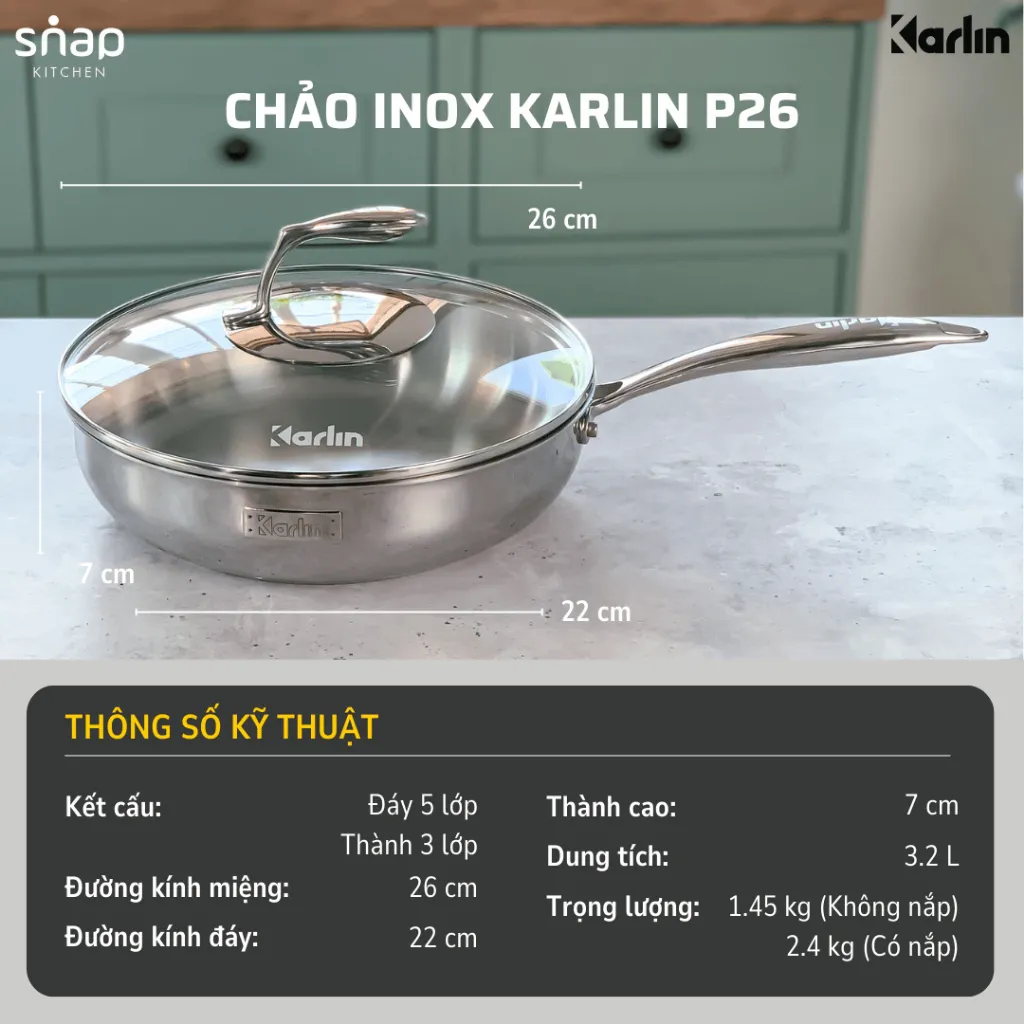 Ảnh Chảo Inox KARLIN P26 Đáy 5 Lớp Inox 316_Chống Dính Tự Thân_hương Hiệu Đức Snapbee [Snap Kitchen] 2