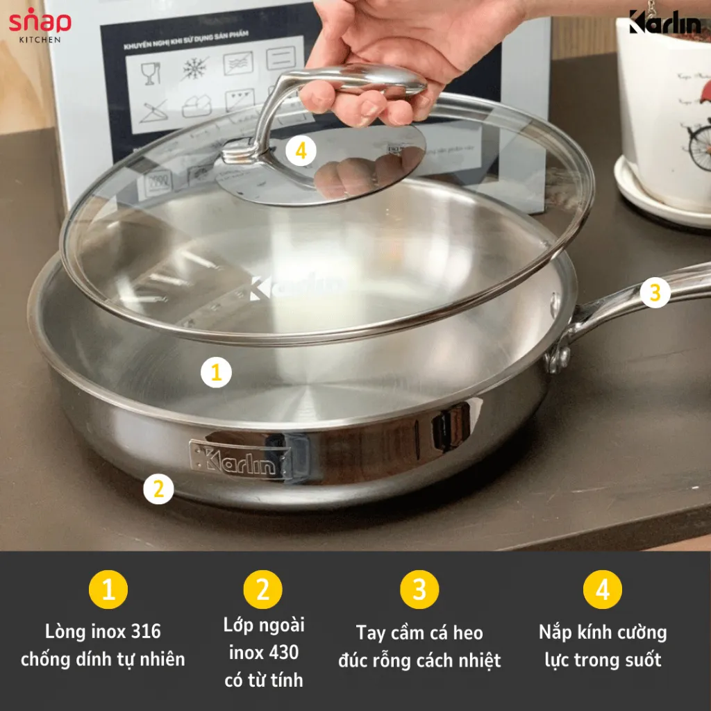 Ảnh Chảo Inox KARLIN P26 Đáy 5 Lớp Inox 316_Chống Dính Tự Thân_hương Hiệu Đức Snapbee [Snap Kitchen] 3