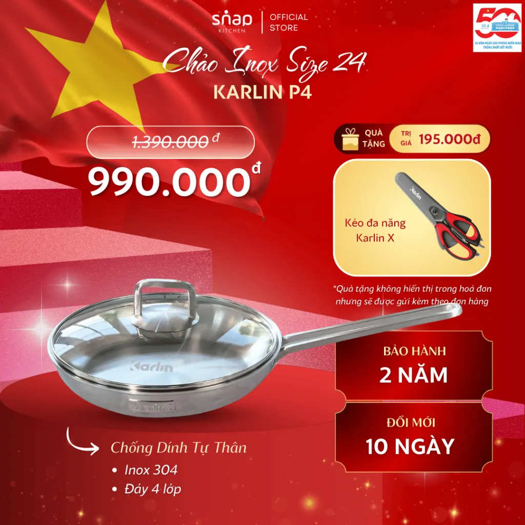 Ảnh Chảo Inox Karlin P4 Đáy 4 Lớp Size 24cm Chống Dính Tự Thân Thương Hiệu Đức [Snap Kitchen] 1