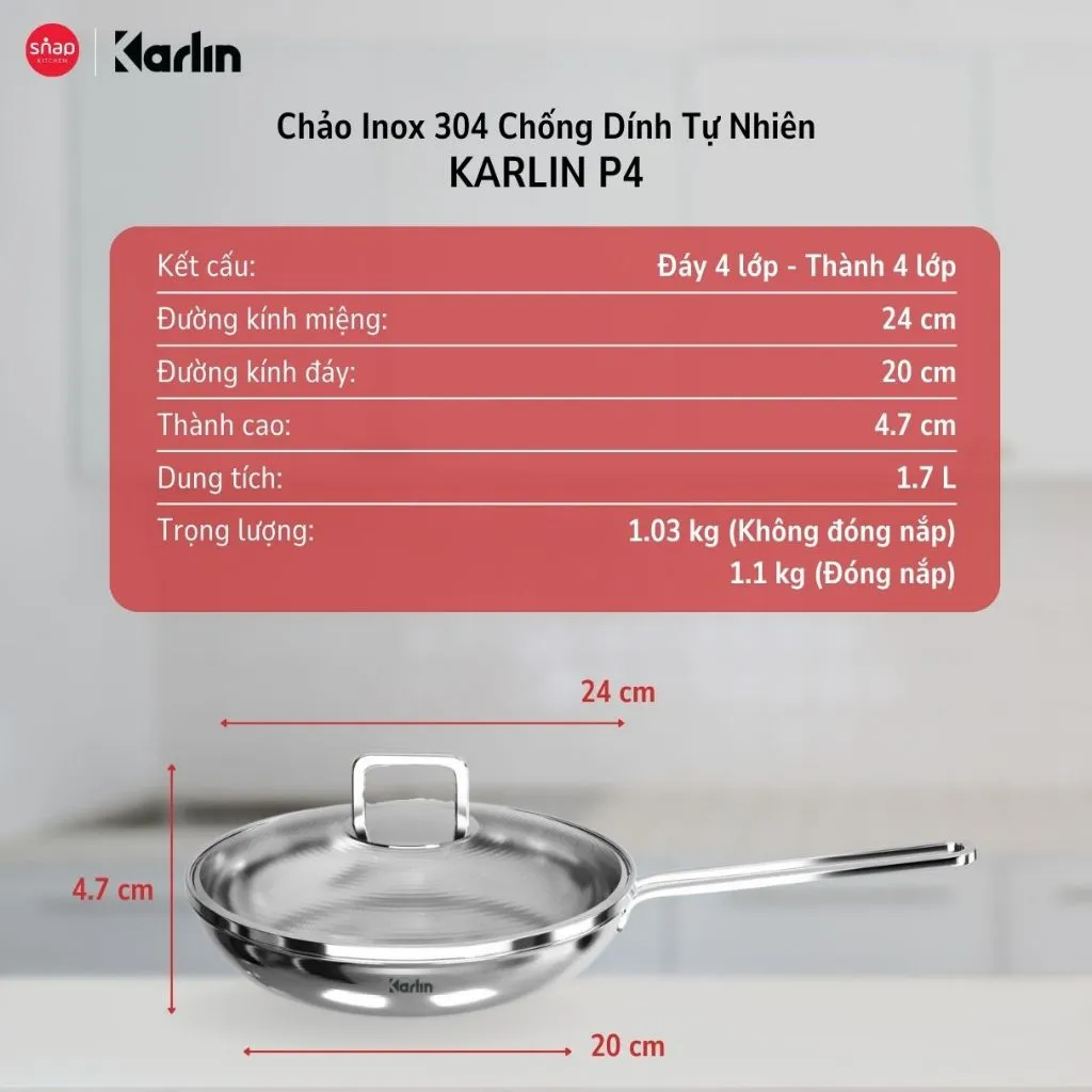 Ảnh Chảo Inox Karlin P4 Đáy 4 Lớp Size 24cm Chống Dính Tự Thân Thương Hiệu Đức [Snap Kitchen] 2