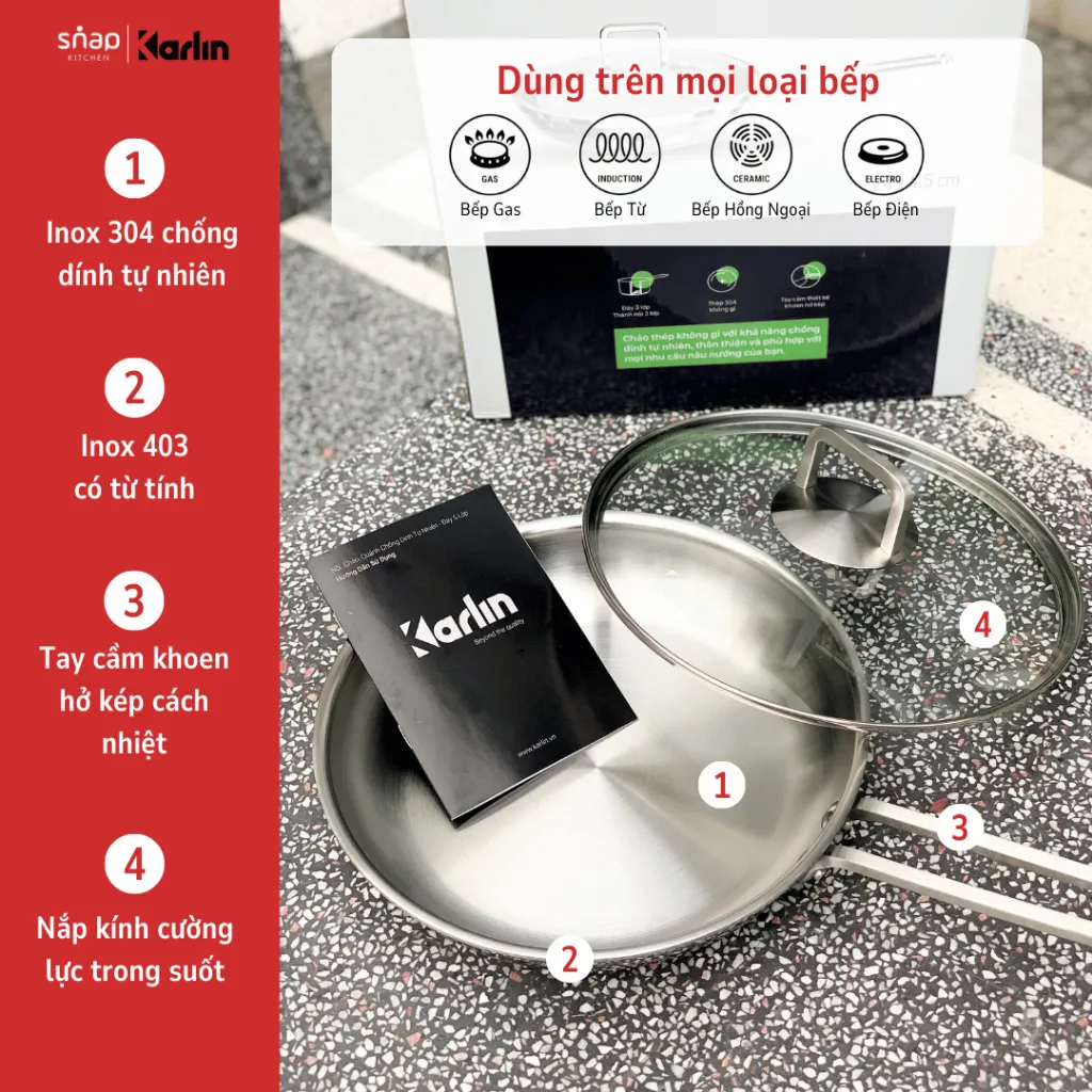 Ảnh Chảo Inox Karlin P4 Đáy 4 Lớp Size 24cm Chống Dính Tự Thân Thương Hiệu Đức [Snap Kitchen] 3