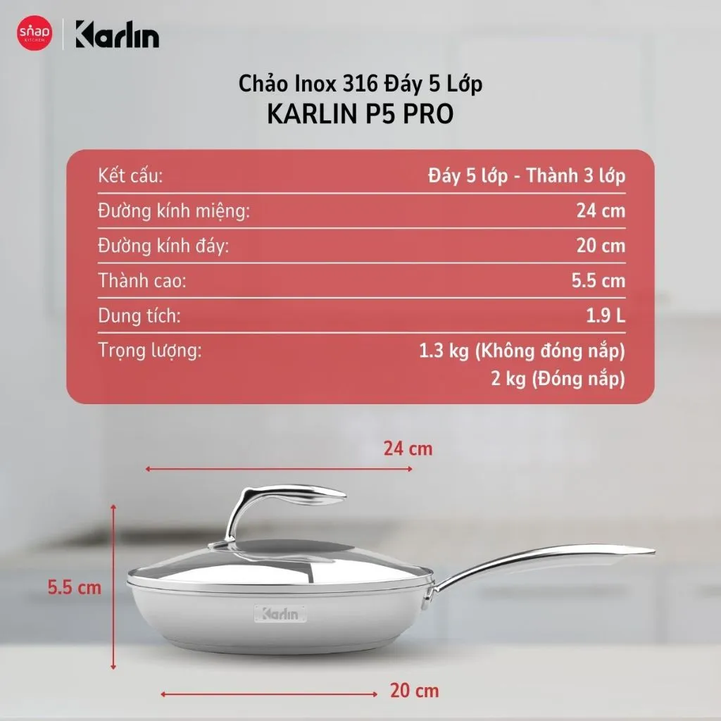 Ảnh Chảo Inox KARLIN P5 Pro Đáy 5 Lớp Size 24cm Inox 316 Chống Dính Tự Thân_Thương Hiệu Đức [Snap Kitchen] 1