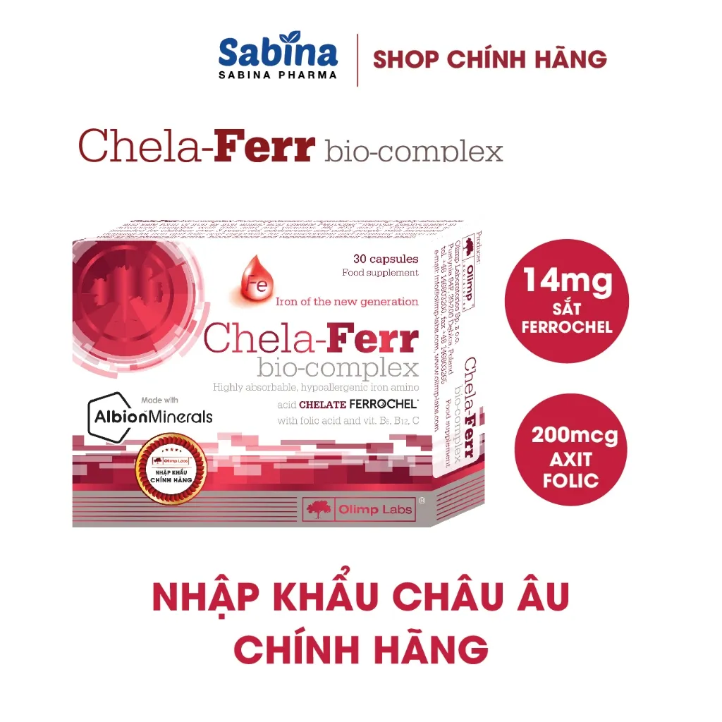 Ảnh Chela-Ferr Bio-complex (Olimp Labs)14mg sắt dạng chelate Ferrochel, 200mcg Axit Folic, 1 hộp 30 viên 11,6g 1