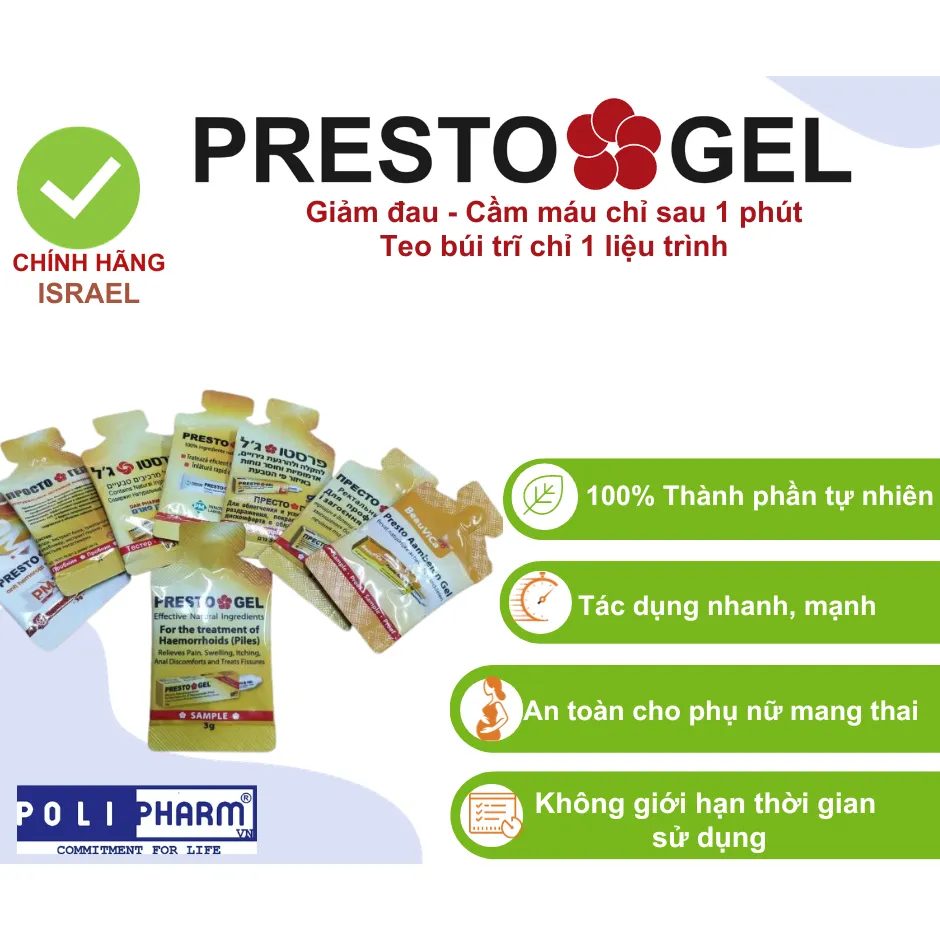 Ảnh Chính hãng Gel Bôi trĩ Presto nhập khẩu Danpharm - Israel, túi 3g - Polipharm 1