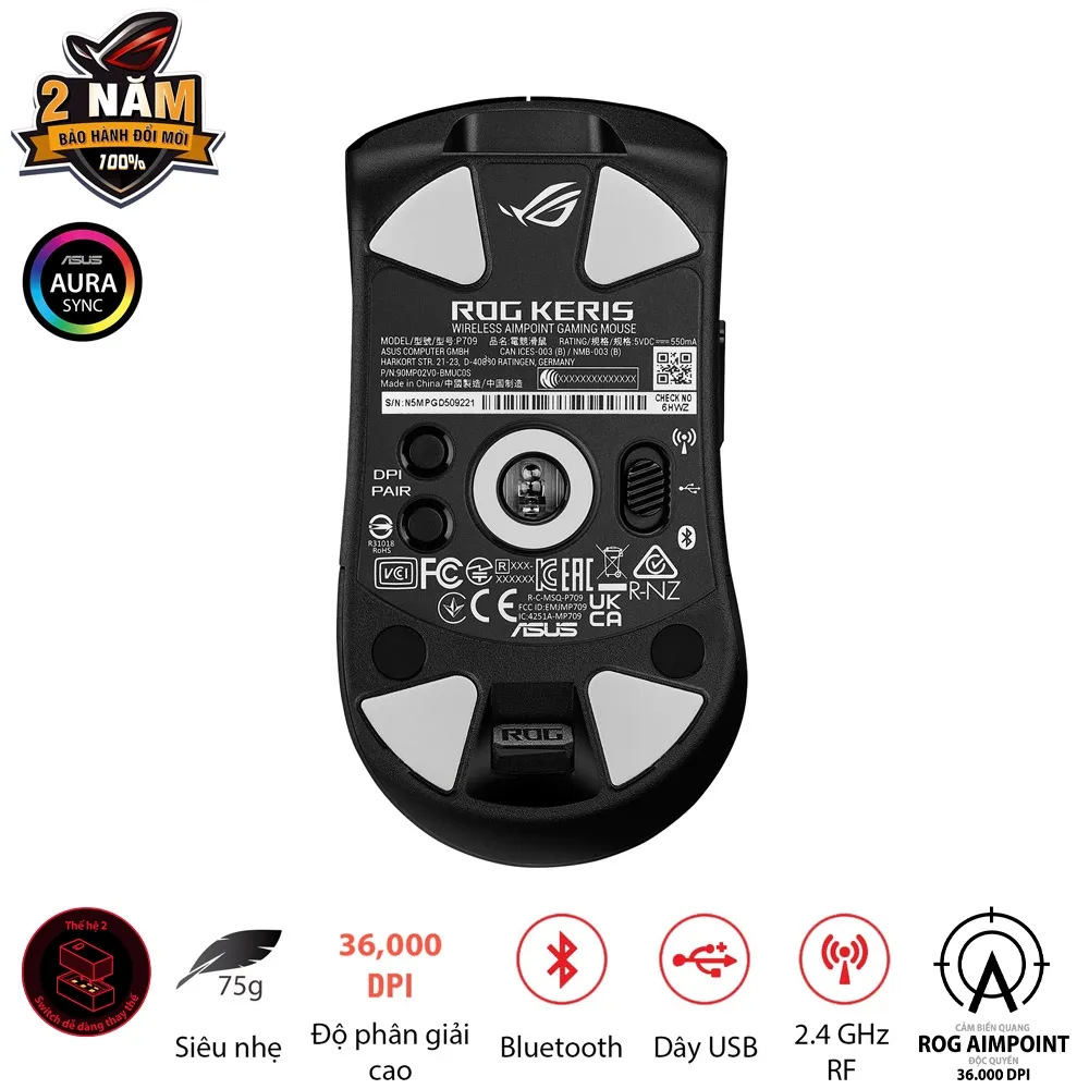 Ảnh Chuột gaming FPS không dây ROG KERIS Wireless AIMPOINT màu đen, cảm biến ROG Aimpoint độc quyền 36000 DPI 2
