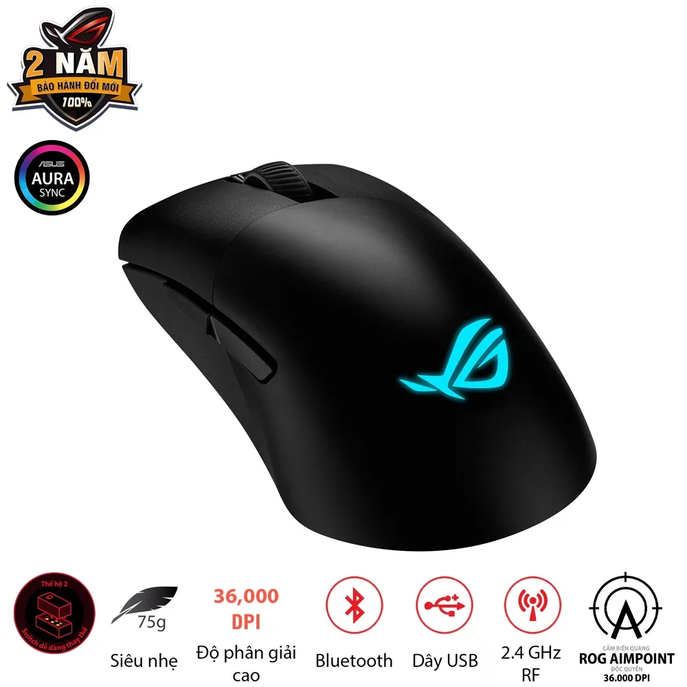 Ảnh Chuột gaming FPS không dây ROG KERIS Wireless AIMPOINT màu đen, cảm biến ROG Aimpoint độc quyền 36000 DPI 3