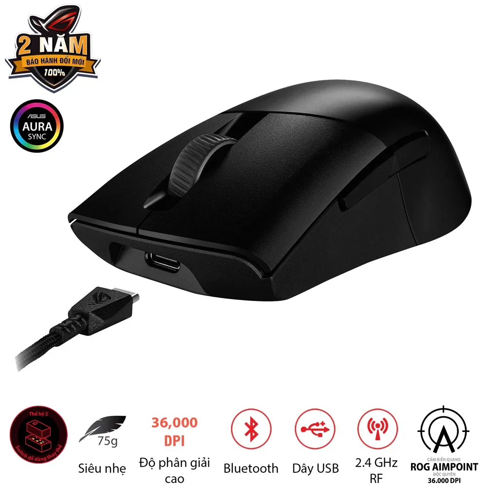 Ảnh Chuột gaming FPS không dây ROG KERIS Wireless AIMPOINT màu đen, cảm biến ROG Aimpoint độc quyền 36000 DPI 4