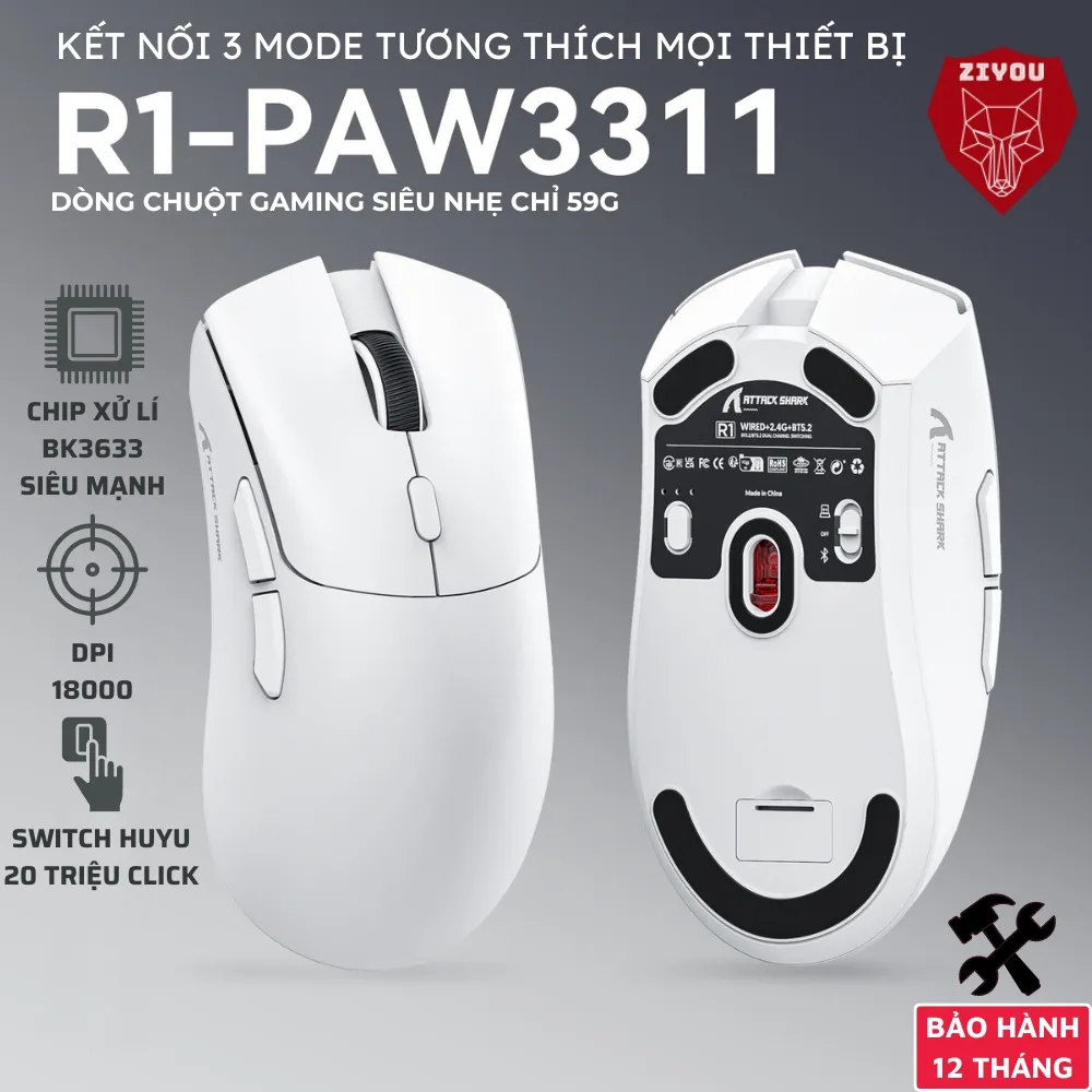 Ảnh Chuột Gaming Không Dây Ziyou Attack Shark R1 Siêu Nhẹ Chip Paw3311 Cực Mạnh 3 Chế Độ Kết Nối Bluetooth / 2.4G / Type-C 1