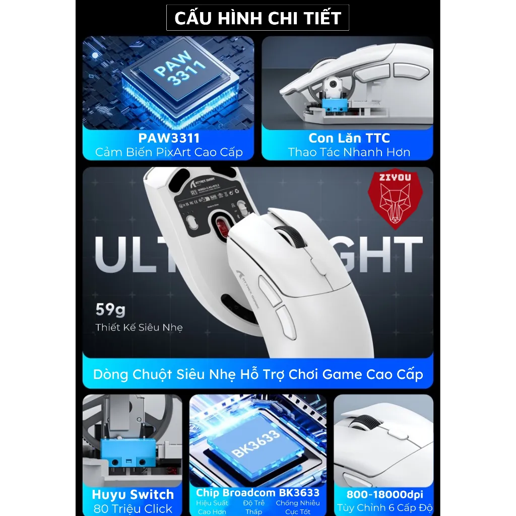 Ảnh Chuột Gaming Không Dây Ziyou Attack Shark R1 Siêu Nhẹ Chip Paw3311 Cực Mạnh 3 Chế Độ Kết Nối Bluetooth / 2.4G / Type-C 2