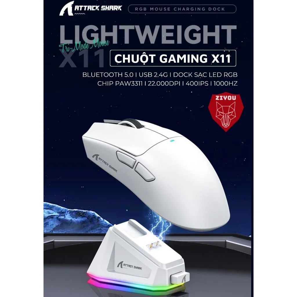 Ảnh Chuột Không Dây Bluetooth Chuyên Gaming Ziyou Attack Shark X11 Chip Khủng PAW3311 Pollingrate 1Khz 2