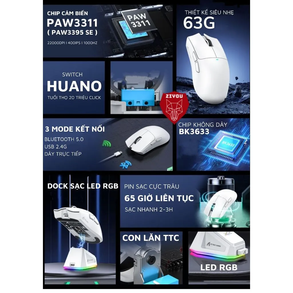 Ảnh Chuột Không Dây Bluetooth Chuyên Gaming Ziyou Attack Shark X11 Chip Khủng PAW3311 Pollingrate 1Khz 3