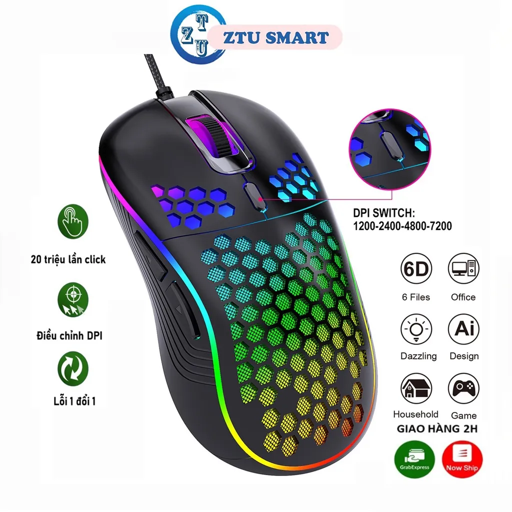 Ảnh Chuột máy tính có dây ZTU Smart D4 giá rẻ gaming văn phòng 7200DPI công thái học dạng lưới tản nhiệt. 1
