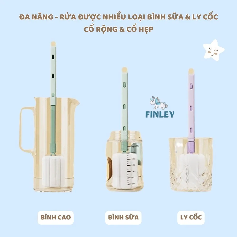 Ảnh Cọ rửa bình sữa, cọ rửa ly cốc FINLEY Moonie 4 màu, tay cầm kéo dài 4 mức tới 35cm, cọ được ly cao 4