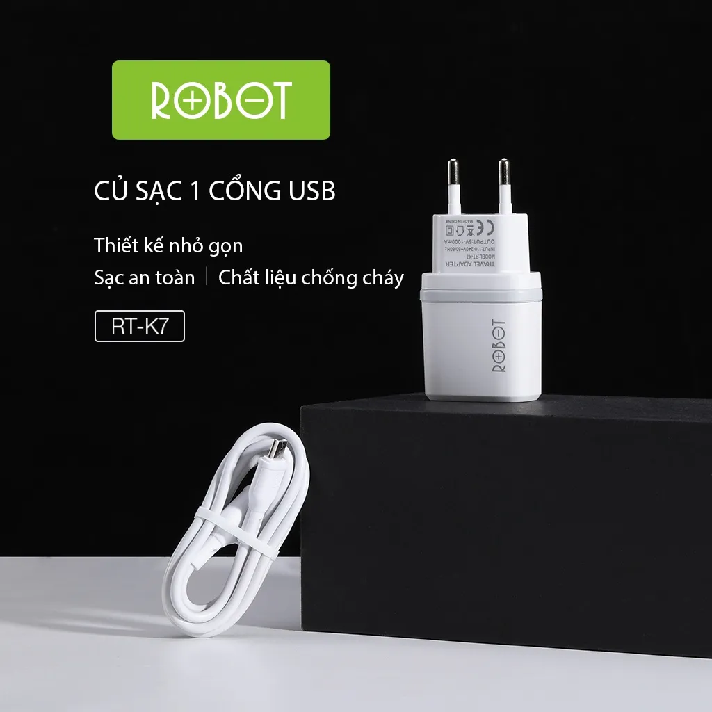 Ảnh Cốc Sạc 1 Cổng USB ROBOT RT-K7 Thiết Kế Nhỏ Gọn Kèm Cáp Micro 1m Hàng Chính Hãng Bảo Hành 12 Tháng 1 Đổi 1 2
