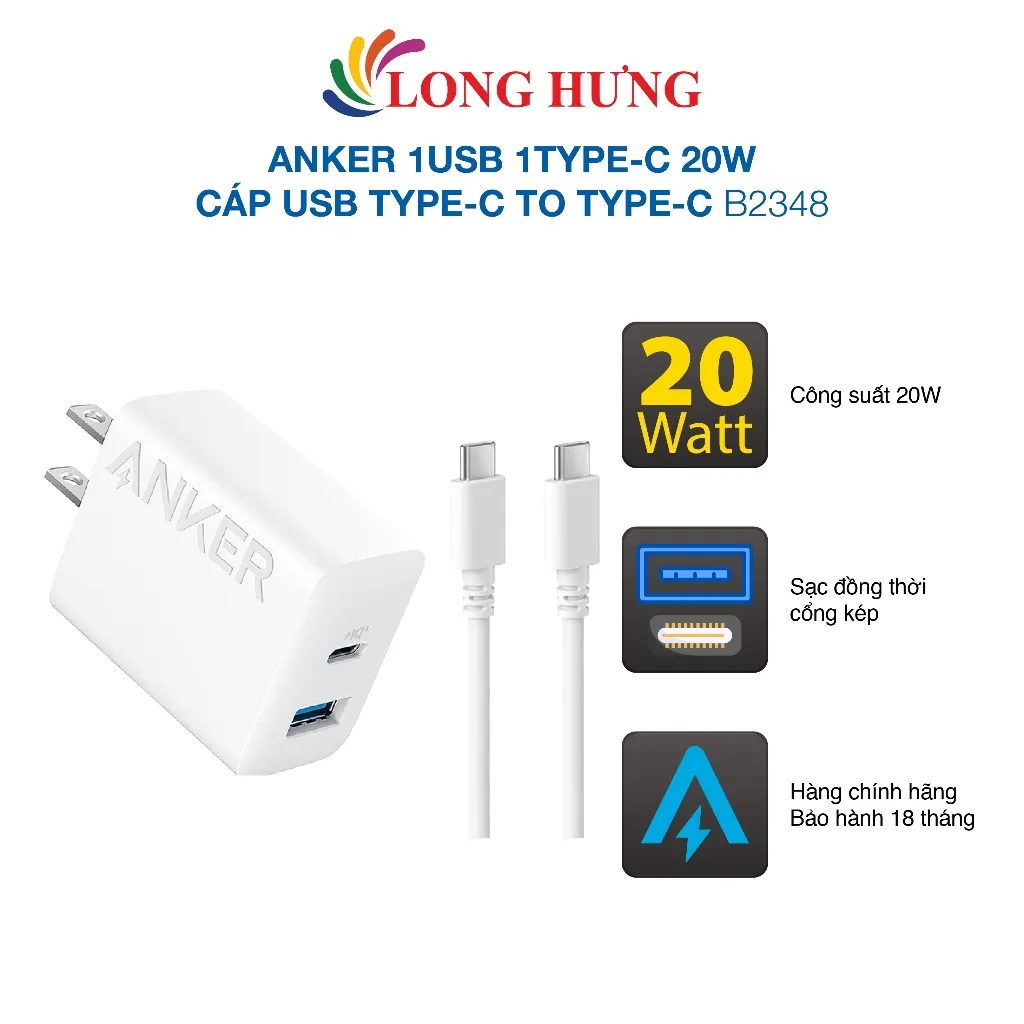 Ảnh Cốc sạc Anker 1USB 1Type-C 20W A2348 - Hàng chính hãng 2