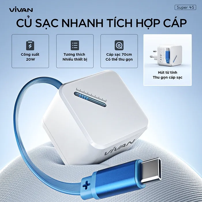 Ảnh Cốc Sạc Nhanh VIVAN Super 4s Công Suất 20W Tích hợp cáp sạc Type C cuộn gọn thông minh 2